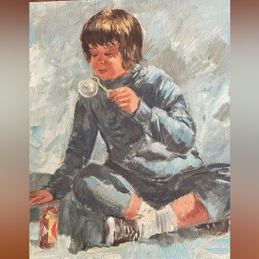 Painting oil on canvas of a young girl blowing bubbles